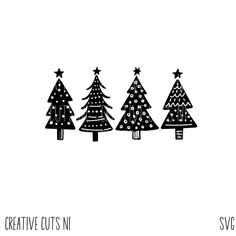 three black and white christmas trees on a white background with the words creative cuts n