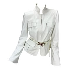 Vintage Tom Ford for Gucci White Leather Belted Fitted Jacket F/W 2004 Collection Designer size 46 - US 10 ( please check measurements to avoid unnecessary return ) Genuine Leather, Hook Closure, Two Front Pockets, Two Front Decorative Pocket Flap , Bell Sleeve with Hook Closure, Signature Tom Ford Leather Rope Belt with Gold Tone Metal Buckle- still with plastic size tag, Silk Lining. Measurements: Length - 22 inches, Bust - 36", Waist - 32", Sleeve - 27". Removable Belt Little Changed Color to Vintage Tom Ford, Tom Ford Jacket, Tom Ford For Gucci, Tom Ford Gucci, Tom Ford Leather, Carolyn Murphy, White Leather Jacket, 70s Inspired Fashion, Mario Testino