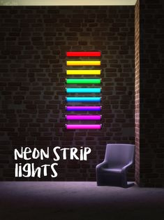 neon strip lights are on the wall behind a chair in front of a brick wall