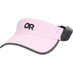 a pink visor hat with the word or on it in black and white letters