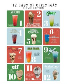 the twelve days of christmas movie poster with different drinks and numbers on each one side