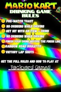 the mario kart drinking game rules are shown in this screenshoter image, which shows