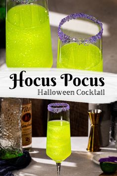 Close up of sparkly green Hocus Pocus cocktails in Champagne flutes with purple sugar rim at the top. Text underneath says "Hocus Pocus halloween cocktail", and below that is a pulled back shot showing the Halloween cocktail along with some ingredients and bar tools in the background. Halloween Sprite Drinks, Halloween Cocktails With Edible Glitter, Halloween Glitter Cocktails, Edible Glitter Drinks Halloween, Punch With Edible Glitter, Midori Halloween Drinks, Halloween Drinks Champagne, Halloween Cocktails With Champagne, Halloween Glitter Drinks