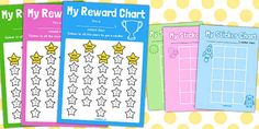 four reward cards with stars and the words my reward chart written on them in different colors