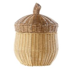 a wicker basket with a lid on the top and bottom, in front of a white background