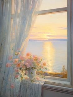 a painting of flowers in a vase on a window sill overlooking the ocean at sunset