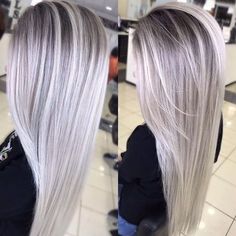 Silver Hair With Platinum Highlights, Grey To Platinum Hair, Silver Hair With Root Smudge, Icy Blonde Balayage With Shadow Root, Ice Blonde Hair Balayage, Long Icy Blonde Hair, Icy Platinum Blonde Hair With Lowlights, Silver Blonde Hair Balayage, Icy Grey Blonde Hair