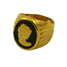 apop exclusives, vintage style lady cameo ring, made of quality gold filled, wide band width. Classic lady cameo style. Unisex. Inspired by vintage cameos. Measurements: .60 inch motif Material Fine Gold-Fill, goldtone finish, enamel, Vintage Style Rings, Cameo Ring, Vintage Cameo, Wide Bands, Signet Ring, Gold Filled, Vintage Style, Gold Tones, Rings For Men