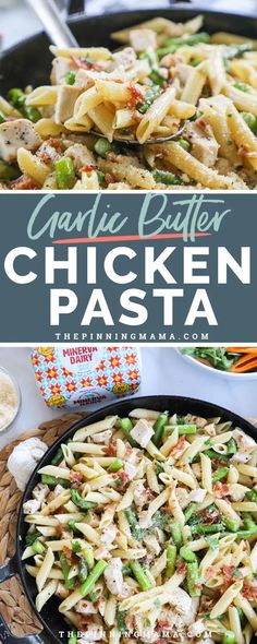 chicken pasta with asparagus and parmesan cheese in a skillet