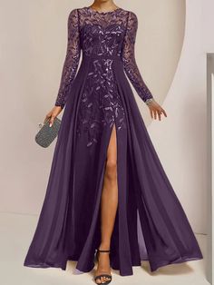 a woman in a long purple dress with a slited skirt and sheer lace sleeves