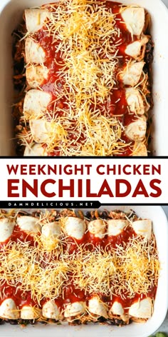 A weeknight dinner for family using leftover rotisserie chicken! Complete with black beans and an easy red sauce, these chicken enchiladas are delicious. Save this weeknight enchilada recipe and enjoy this meat main dish! Enchilada Casserole Chicken, Chicken And Black Bean Enchiladas, Enchiladas Easy, Best Enchiladas, Weeknight Chicken, Black Bean Enchiladas, Enchilada Recipe, Bean Enchiladas, Homemade Enchilada Sauce