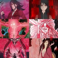 anime character collages with pink and red colors, including an image of a demon