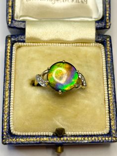 A STUNNING 9 karat gold ring. Featuring a beautiful statement solitaire of a mystic green ammolite stone. In daylight it catches the beautiful hues of green, yellow and purple. To the left and right there three small sparkly white sapphires that just truly add to the beauty of this ring. Hallmarked 375 for 9 karat gold. The perfect ring for any nature lover! About ammolite: Ammolite is an opal-like organic gemstone found primarily along the eastern slopes of the Rocky Mountains of North America. It is made of the fossilized shells of ammonites. Ring size UK/AUS L 1/2 Ring size US 6.25 Condition: In really good condition. There is no damage to the ammolite stone. Please look at the photos as they are truly representative of the condition of this amazing ring! Use the code MAGICJEWELS20 for Hallmarked Round Cut Opal Ring For Anniversary, Gold Opal Ring With 17 Jewels, Hallmarked Opal Ring For Anniversary, Polished Opal Ring For Anniversary, Polished Finish Opal Ring For Anniversary, Antique Hallmarked Opal Ring, Iridescent Opal Ring For Anniversary, Iridescent Round Ring For Anniversary, Iridescent Round Rings For Anniversary