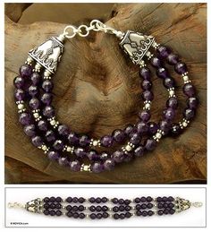 Amethyst beaded bracelet, 'Wisdom's Fortune' - Amethyst beaded bracelet Amethyst Beaded Bracelet, Three Strand Bracelet, Jewelry Making Instructions, Amethyst Bracelet Beads, Beaded Jewlery, Faceted Gems, Amethyst Bracelet, Amethyst Beads, Bead Bracelets