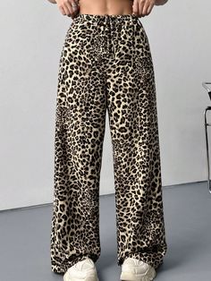 Teen Girls Khaki & Black Leopard Print Loose Straight Wide Leg Pants, Casual & Leisure, Autumn Multicolor Casual   Woven Fabric Leopard Print,Textured Pattern Wide Leg Non-Stretch  Teen Girls Clothing, size features are:Bust: ,Length: ,Sleeve Length: Trendy Non-stretch Leopard Print Pants, Straight Wide Leg Pants, Wide Leg Pants Casual, Leopard Pants, Black Leopard Print, Pants Casual, Black Leopard, Teen Girls