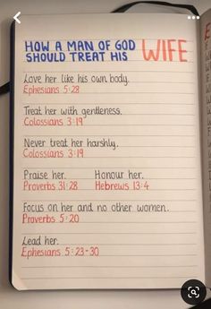 an open bible with the words how a man of god should treat his wife