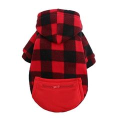 a dog wearing a red and black checkered hoodie with his paw in the pocket