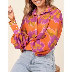 Orange Floral Chiffon Lantern Long Sleeve Blouse Top In Pizzo, Chiffon Cardigan, Sleeves Women, Elegant Blouses, Chiffon Long Sleeve, Collar Pattern, Elegant Shirt, Long Puff Sleeves, Floral Chiffon