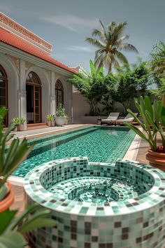 an outdoor swimming pool surrounded by plants and potted trees in front of a house