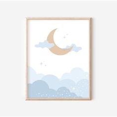 a framed poster with the moon and stars above clouds in pastel blue, on a white background