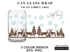 a glass jar with reindeers and snowflakes on it, next to the words can