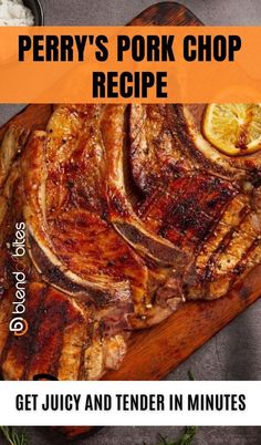 pork chop recipe on a cutting board with text overlay