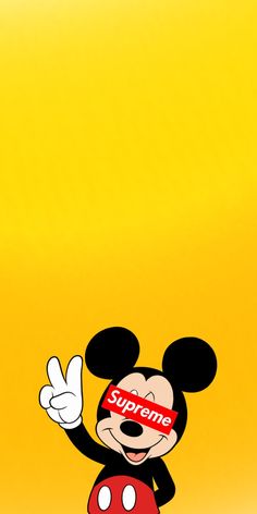 a cartoon mickey mouse with the word supreme on it's face and hands in front of a yellow background