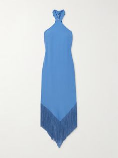 TALLER MARMO Nina fringed crepe halterneck maxi dress | NET-A-PORTER Fitted Silk Crepe Dress For Party, Blue Silk Evening Dress For Dinner, Blue Halter Neck Midi Dress For Cocktail, Blue Silk Maxi Dress For Night Out, Blue Silk Midi Dress For Cocktail, Blue Halter Neck Maxi Dress For Cocktail, Elegant Blue Halter Neck Midi Dress, Silk Blue Maxi Dress For Cocktail, Taller Marmo