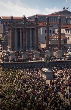 a crowd of people standing in front of a building with columns and statues on it