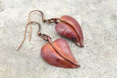 "Handmade solid copper leaf earrings make a great gift for the nature lover. Approximately 1.5\" in length. Hung from antiqued copper ear wires that are nickel safe. These earrings will arrive in a gift box ready for giving! Thank you for shopping and supporting artists! To see more awesome turquoise earrings like this, visit Alchemy Artworks at: https://www.etsy.com/shop/alchemyartworks" Rust Hand Forged Earrings As Gift, Hand Forged Brown Earrings As A Gift, Hand Forged Rust Earrings As Gift, Nature-inspired Copper Earrings As Gift, Rhodochrosite Necklace, London Blue Topaz Earrings, Blue Gemstone Earrings, 7th Wedding Anniversary, Lover Jewelry