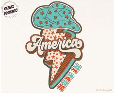 an ice cream cone with the word america written in red, white and blue on it