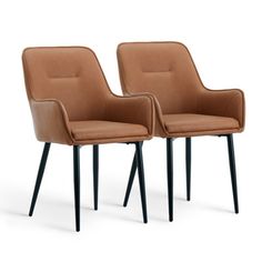 two brown chairs sitting next to each other on top of a white surface with black legs