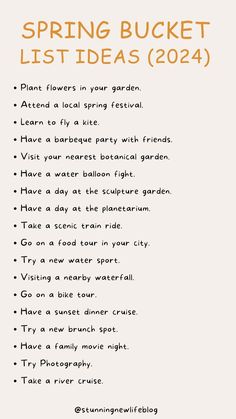 the spring bucket list is shown in orange and white