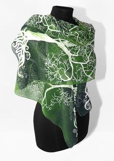 Long silk scarves White Tree in Green scarf hand by MinkuLUL Artistic Hand-painted White Scarf, Artistic Hand Painted White Scarves, Artistic Hand Painted White Scarf, Artistic Hand Painted Green Silk Scarf, White Artistic Handmade Scarves, Artistic Handmade White Scarves, Scarf Art, Green Silk Scarf, Long Silk Scarf