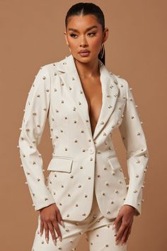 Claire Embellished Blazer - Ivory | Fashion Nova, Luxe | Fashion Nova Modern Blouse Designs, Natural Hair Haircuts, Embellished Blazer, Faux Leather Blazer, Plus Size Blazer, Tuxedo Wedding, Dusters, White Blazer, Leather Blazer