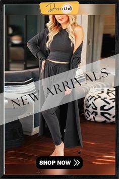 Tank Top Pants Cardigan 3 Pieces Set Solid Color Loungewear Set For Fall, Solid Color Non-stretch Sets For Fall, Chic Winter Loungewear Sets, Chic Relaxed Fit Sets For Fall, Chic Sets For Day Out In Fall, Chic Fall Day Out Sets, Relaxed Fit Sets For Workwear, Relaxed Fit Workwear Sets For Fall, Fall Workwear Sets