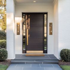 a modern front door with two sidelights on either side and steps leading up to it