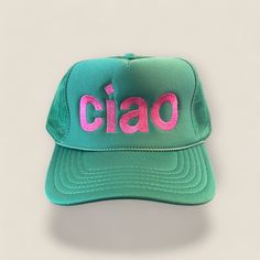 Ciao Trucker Hat! Kelly Green Trucker Hat with embroidered pink design. All of our products are handmade to order and ship within 10 business days. Thank you for shopping small! Handmade Pink Snapback Hat, Pink Embroidered Logo Baseball Cap, Trendy Pink Hat With Embroidered Logo, Trendy Flat Brim Hat With Embroidered Logo, Casual Pink Mini Hat With Flat Brim, Trendy Green Hat With Embroidered Logo, Pink Hats With Letter Print And Curved Brim, Pink Curved Brim Hat With Letter Print, Pink Wide Brim Hat As Gift