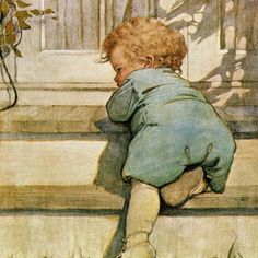 a painting of a little boy sitting on the steps