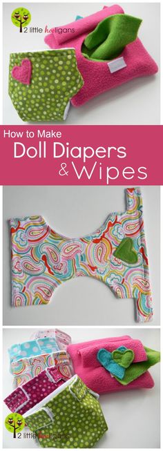 the instructions for how to make doll diapers and wipes, with pictures of them