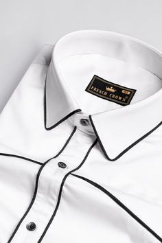 Experience the epitome of luxury and style with our Bright White with Black Piping Super Soft Premium Cotton Designer Shirt! Crafted with utmost care and precision, this shirt showcases a perfect fusion of elegance and comfort. The contrasting black piping work adds a touch of sophistication and modernity. Made from super soft premium cotton, it feels like a dream against your skin. Whether it's a formal event or a special occasion, this shirt is your go-to choice for a dapper and refined look. Luxury Shirts For Men, Luxury Men's Shirt With Straight Hem, Luxury Men's Shirt With Placket, Designer Black Shirt With Button Cuffs, Luxury Semi-formal Shirt With Placket, Luxury White Dress Shirt With Button Cuffs, Formal Shirt Design, Gents Shirts, Shirts For Men Designer