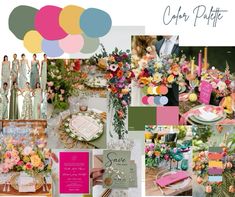 a collage of photos with different colors and flowers on them, including pinks, yellows, blue, and green