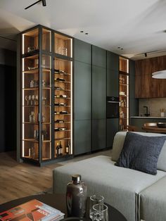 a living room filled with furniture and lots of shelves