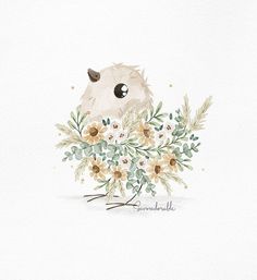 a watercolor painting of a hamster with flowers