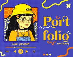 an illustration of a girl wearing a yellow hat and glasses with the words port folo on it