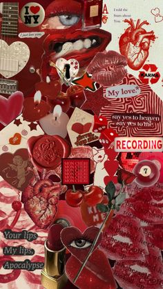 a collage of red hearts and other things