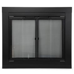 a black wall mounted cabinet with two doors and mesh panels on the front, one door open