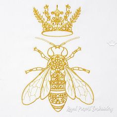 a bee with a crown on it's head is shown in gold threadwork