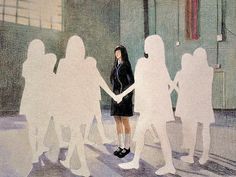 a drawing of a woman holding hands with many white figures in the street behind her