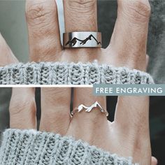 two pictures showing the different types of rings on their fingers, one with a mountain scene in it